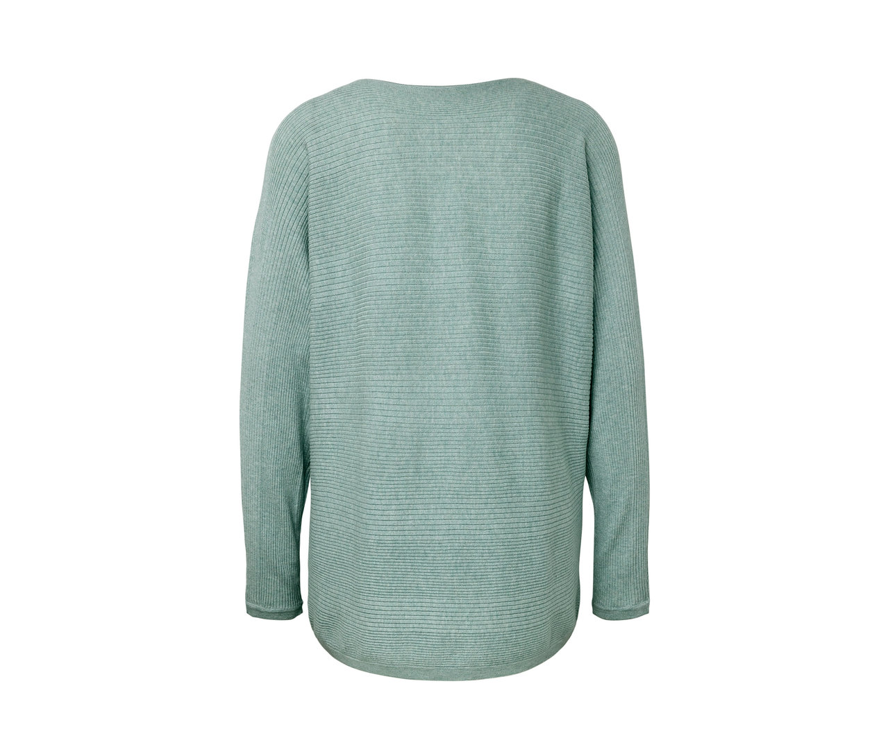 Detailansicht der Rückseite eines salbeigrünen Feinstrickpullovers.