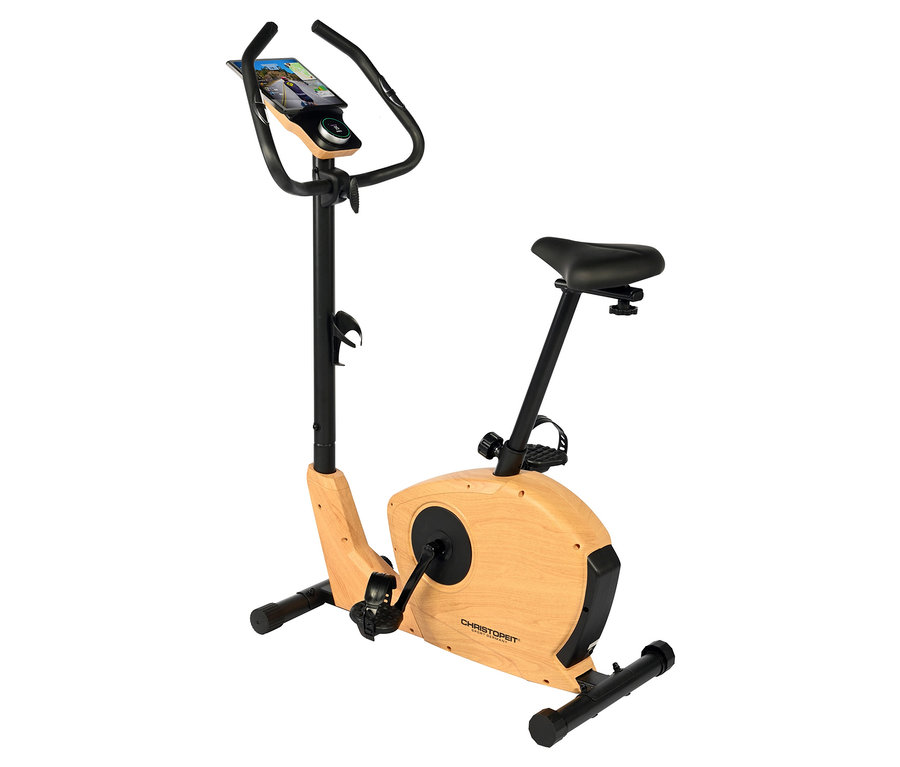 Heimtrainer mit Holzrahmen und schwarzen Akzenten.