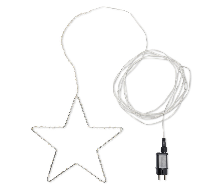 Beleuchteter Stern mit Stromkabel und Adapter.