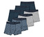 Ein Set aus sechs Jungen-Boxershorts in Dunkelblau, Grau und Blau gestreift.