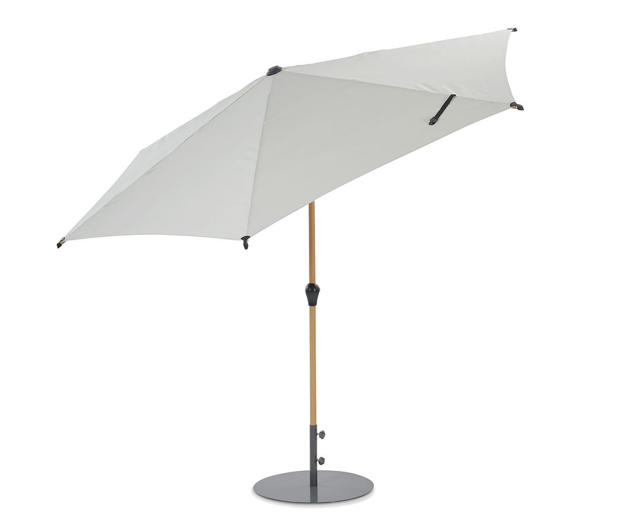 Grauer Leco Marktschirm in Holzoptik inklusive Abdeckhaube.