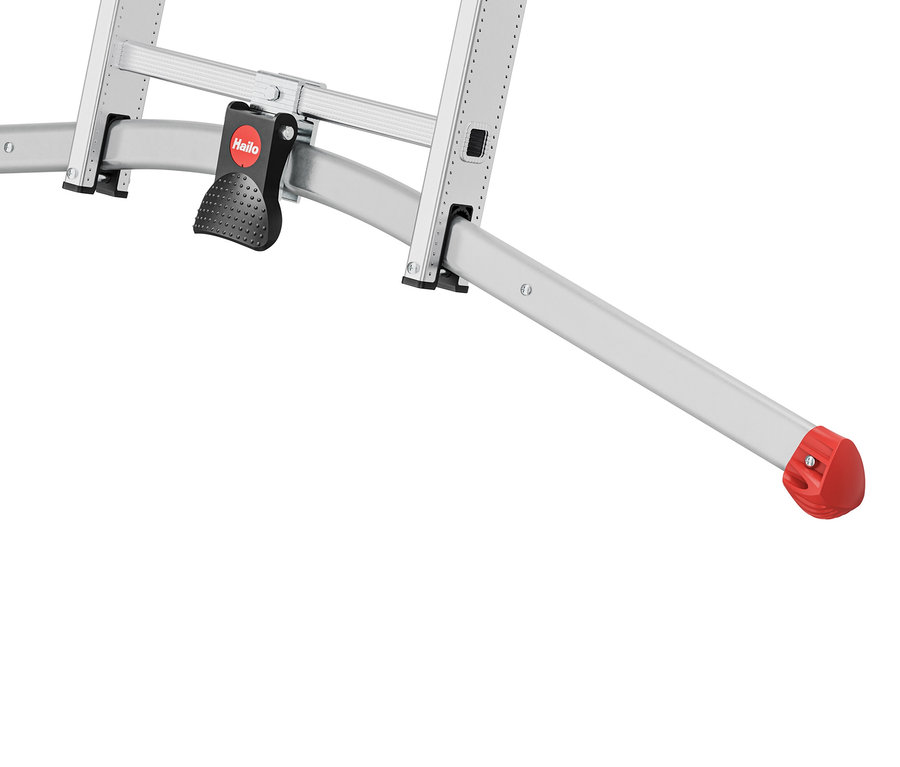 Detailansicht einer silbernen Leiter mit rotem Fuß und schwarzem Feststellknopf.