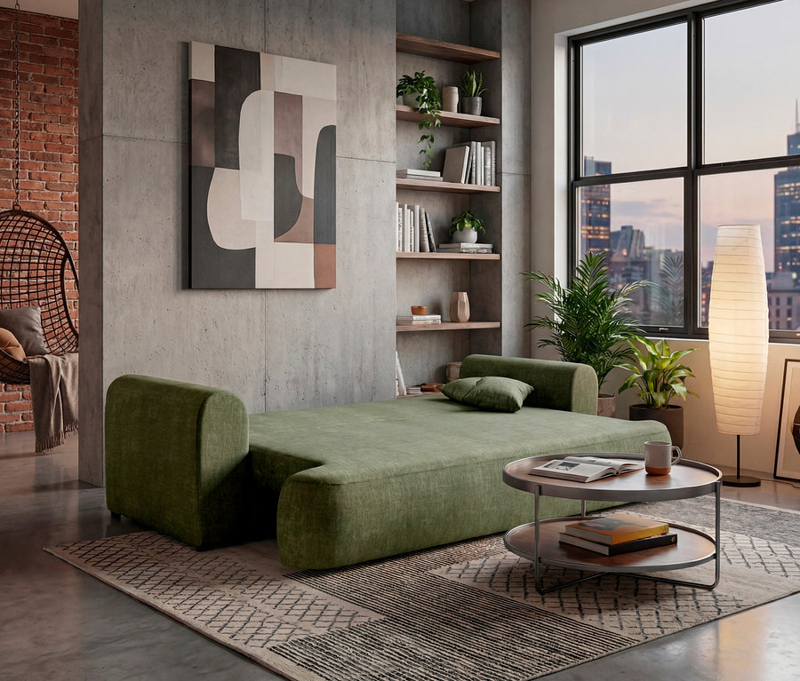 Grünes Schlafsofa steht auf einem gemusterten Teppich in einem Wohnzimmer.