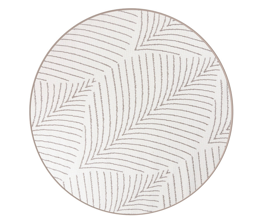 Ein runder Teppich mit einem Blattmuster in Beige und Weiß.