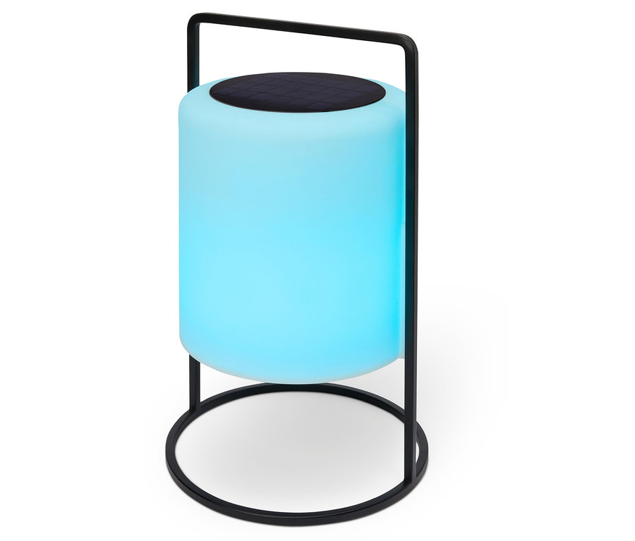 Eine zylindrische, blau leuchtende Lampe mit einem schwarzen Rahmen steht auf einem weißen Hintergrund.