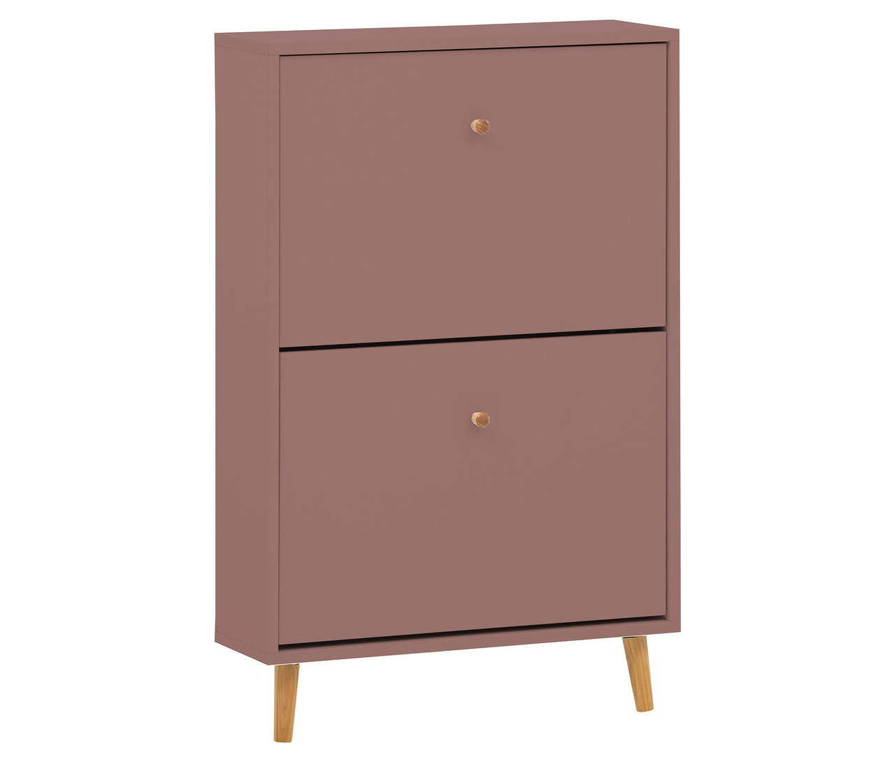 Ein zweitüriger Schuhschrank in Rosa steht auf zwei Holzfüßen.