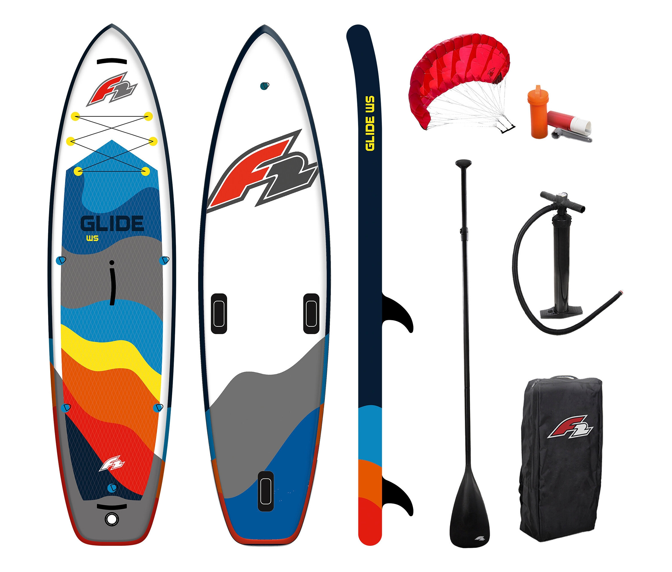 Zwei F2 Glide WS Stand-Up-Paddle-Boards, Paddel, Pumpe, Tasche und Zubehör sind auf weißem Hintergrund zu sehen.
