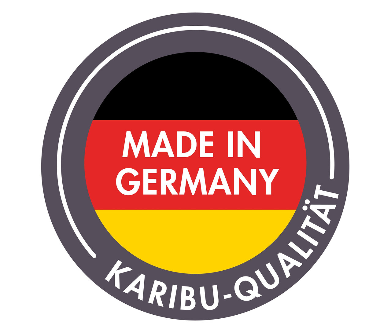 Das Logo "Made in Germany Karibu-Qualität" zeigt die deutsche Flagge in einem grauen Kreis.