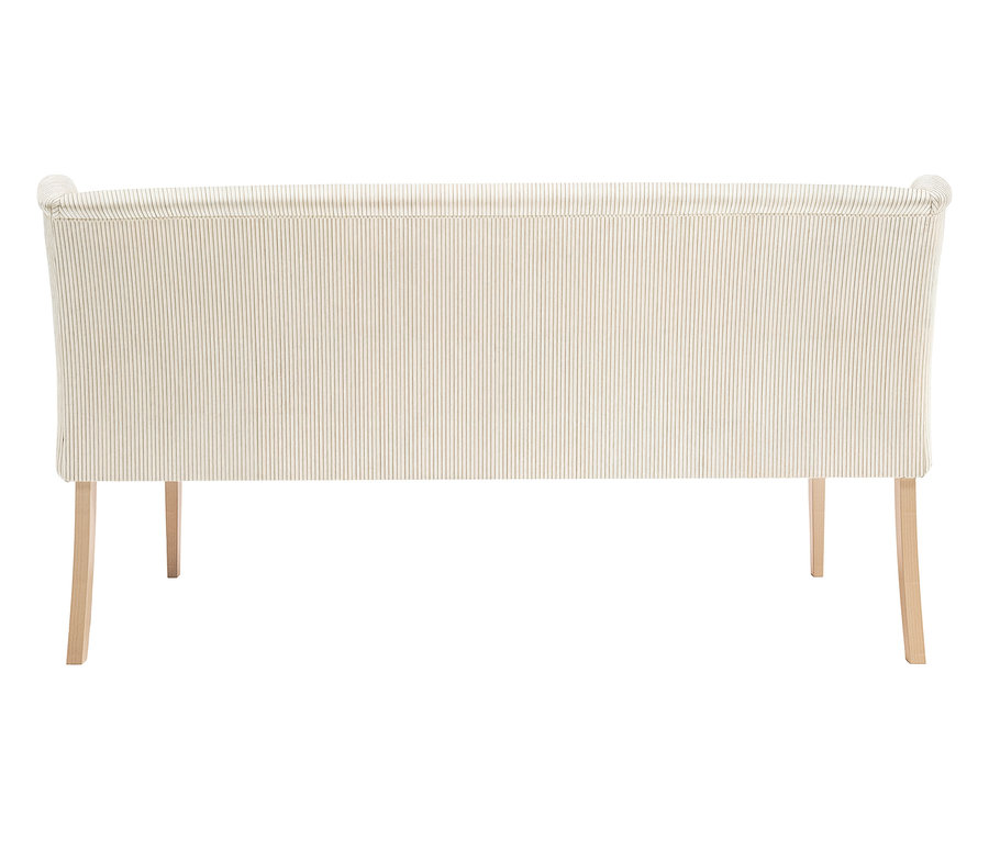 Rückansicht einer cremefarbenen Bank mit kordartigem Bezug und Holzbeinen.