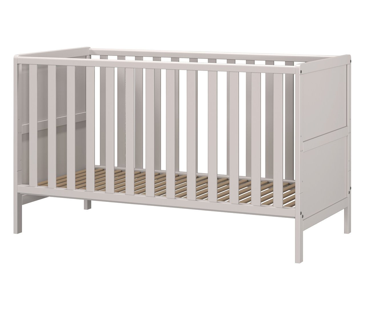 Ein graues Kinderbett mit Lattenrost ist zu sehen.