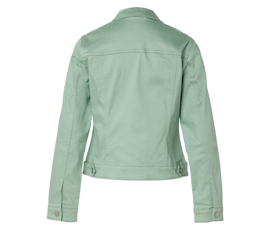 Rückansicht einer hellgrünen Jacke mit Knöpfen.