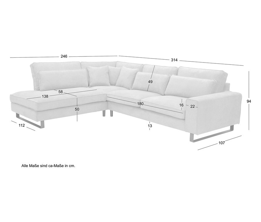 Abmessungen eines modularen Ecksofas in Weiß auf weißem Hintergrund, mit eingezeichneten Maßlinien in Zentimetern.