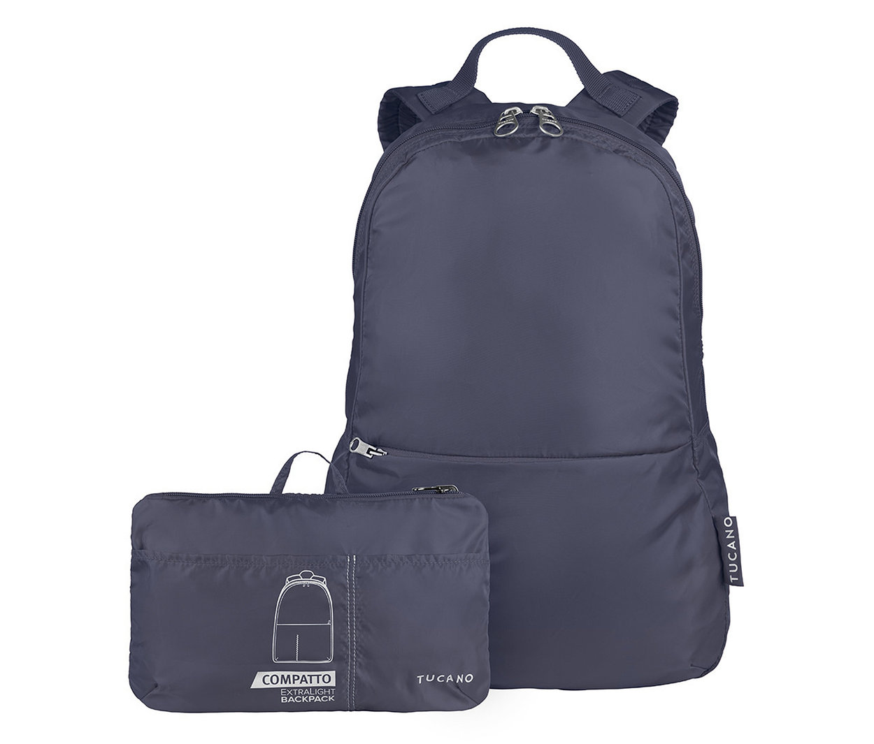 Blauer Tucano Rucksack »Compatto Eco« und die dazugehörige, zusammengefaltete Tasche liegen vor dem Rucksack.