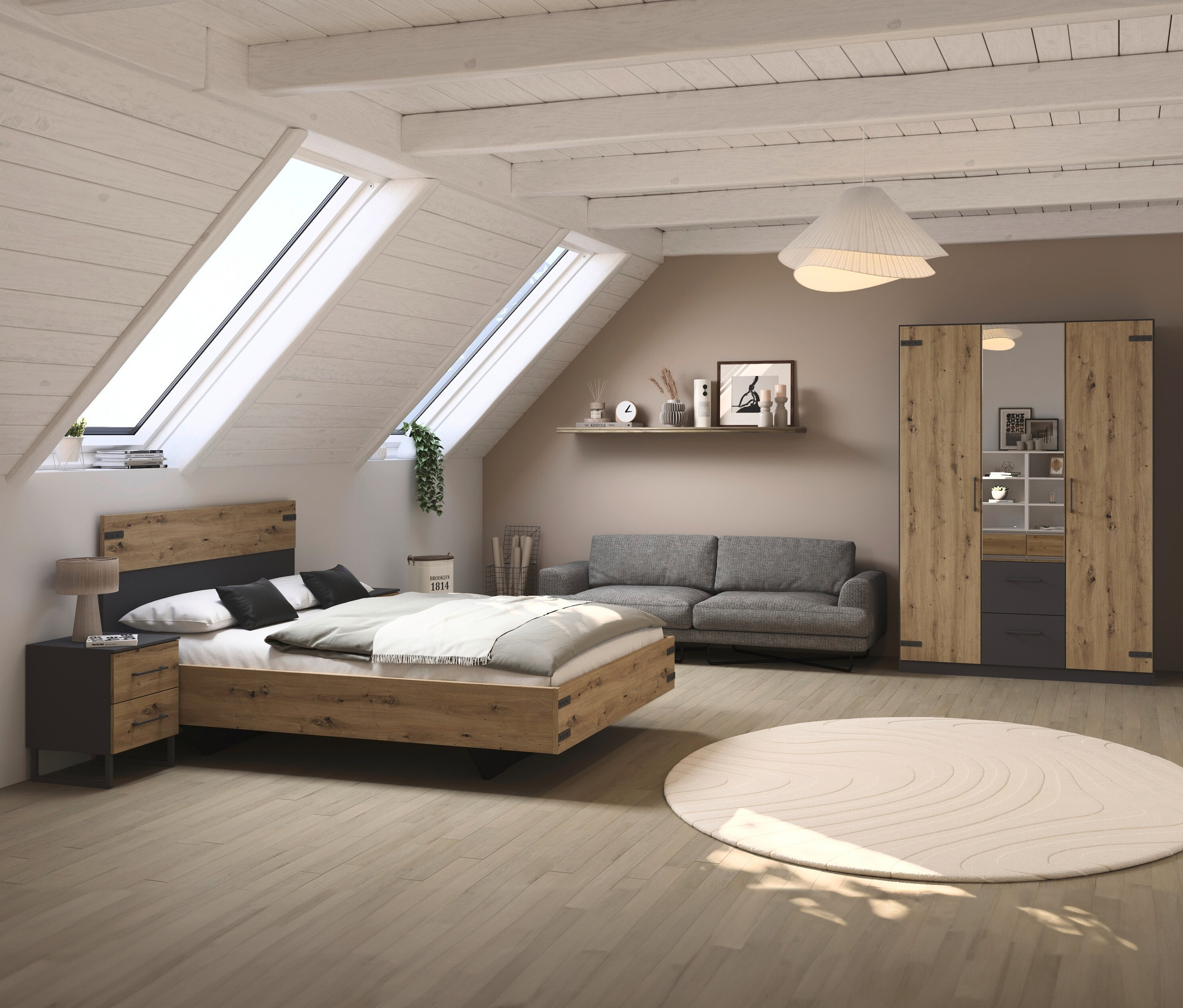 Schlafzimmer mit Rauch Schlafzimmer-Set »Butte«, groß, Bett, Sofa, Kleiderschrank und rundem Teppich.