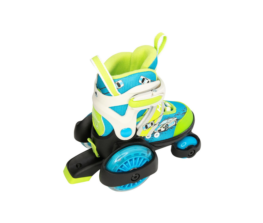 Blau-grüner HUDORA Rollschuh »My First Squad« LED auf weißem Hintergrund.