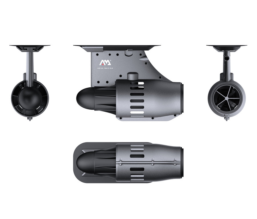 Vier Ansichten des Motors BlueDrive S Power Fin auf weißem Hintergrund.