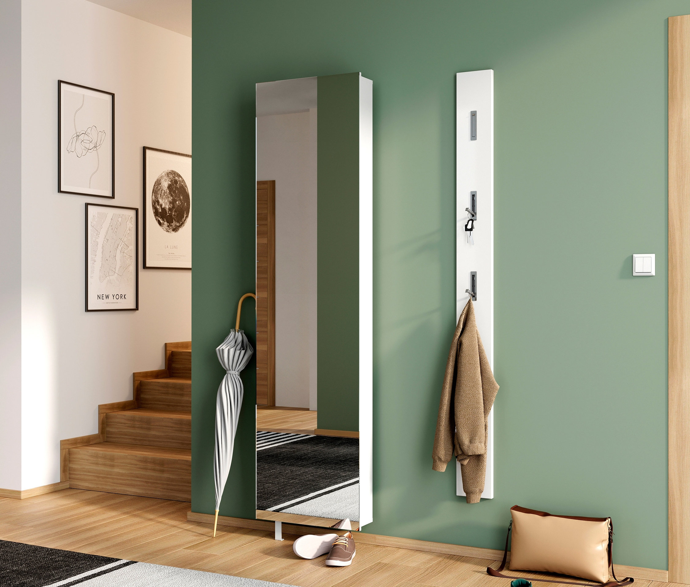 Eingangsbereich mit Drehschrank mit Ganzkörperspiegel, Garderobe, Regenschirm und Schuhen.