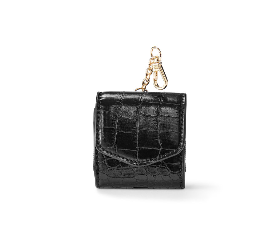 Schwarze Kopfhörer-Tasche mit Krokodilmuster.