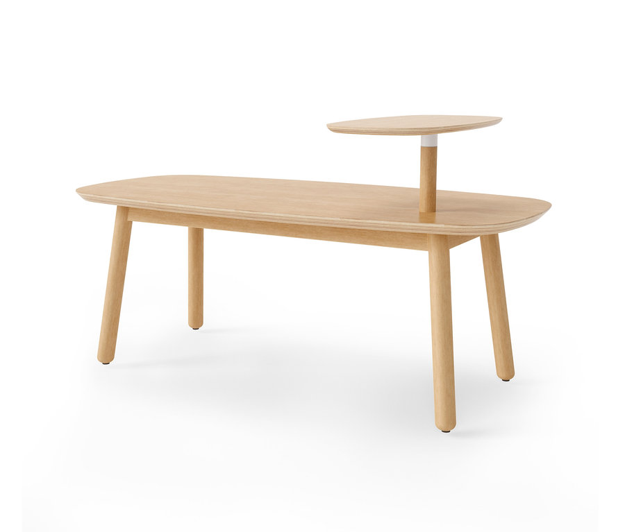 Beiger Couchtisch mit erhöhter seitlicher Ablagefläche.