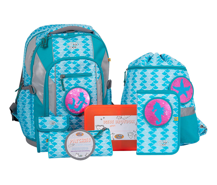SCHOOL-MOOD®-Schulrucksack-Set Loop Air, 8-teilig, »Emily« in Türkis mit Meerjungfrau-Motiv.