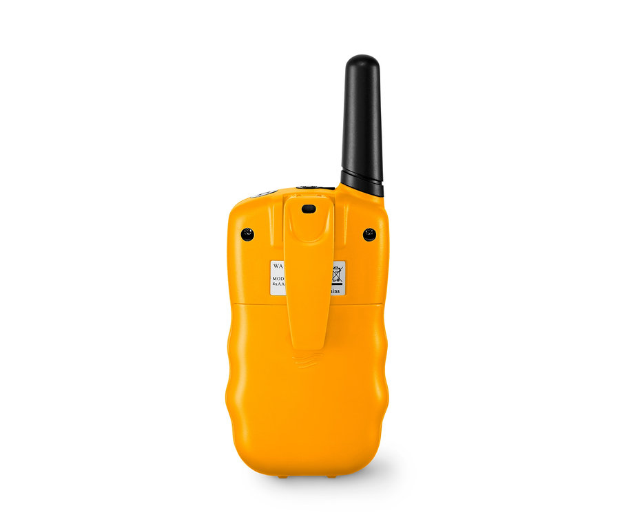 Detailansicht der Rückseite eines gelben 2 Walkie-Talkies.