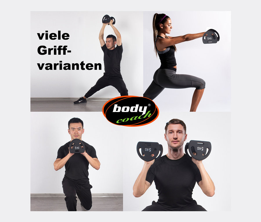 Vier Fotos zeigen Personen, die mit Body Coach Multifunktions-Neoprenhanteln trainieren.