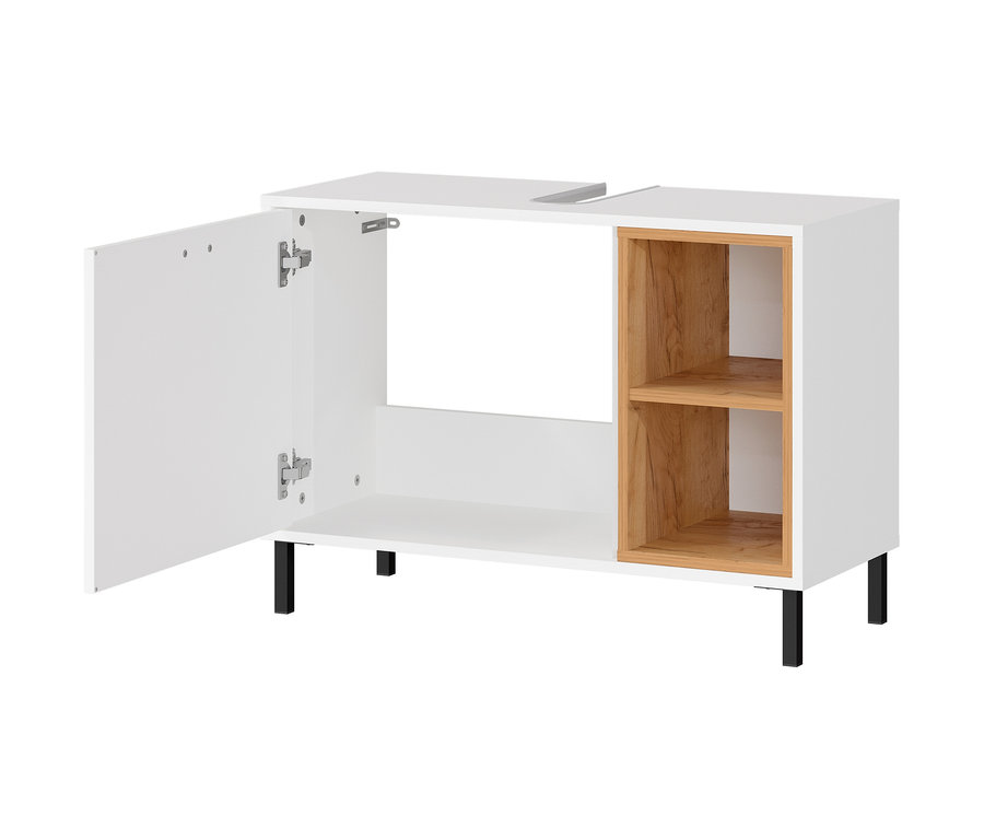 Offener, weißer Waschbeckenunterschrank »Loria« mit braunen Regalen und schwarzen Füßen.