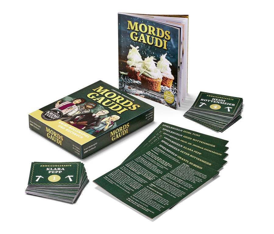 Das Foto zeigt das Krimispiel »Mordsgaudi« zusammen mit Karten, Spielregeln und einem Kochbuch.
