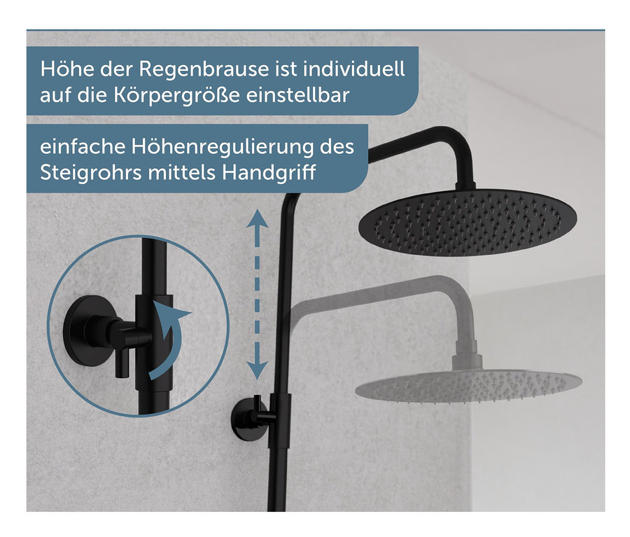Schwarzes Duschsystem »AQUADUCT« mit verstellbarer Höhe der Regendusche.
