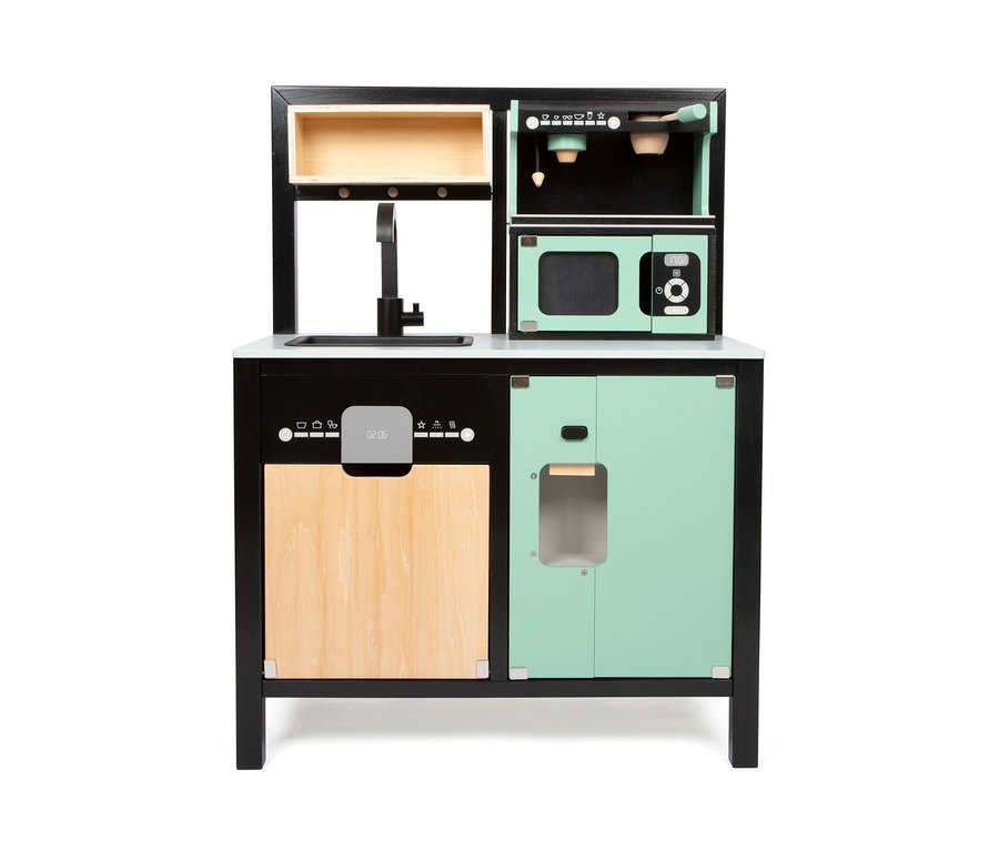 small foot Kinderküche mit Kücheninsel »Industrial« in Schwarz-, Grün- und Holzfarben.