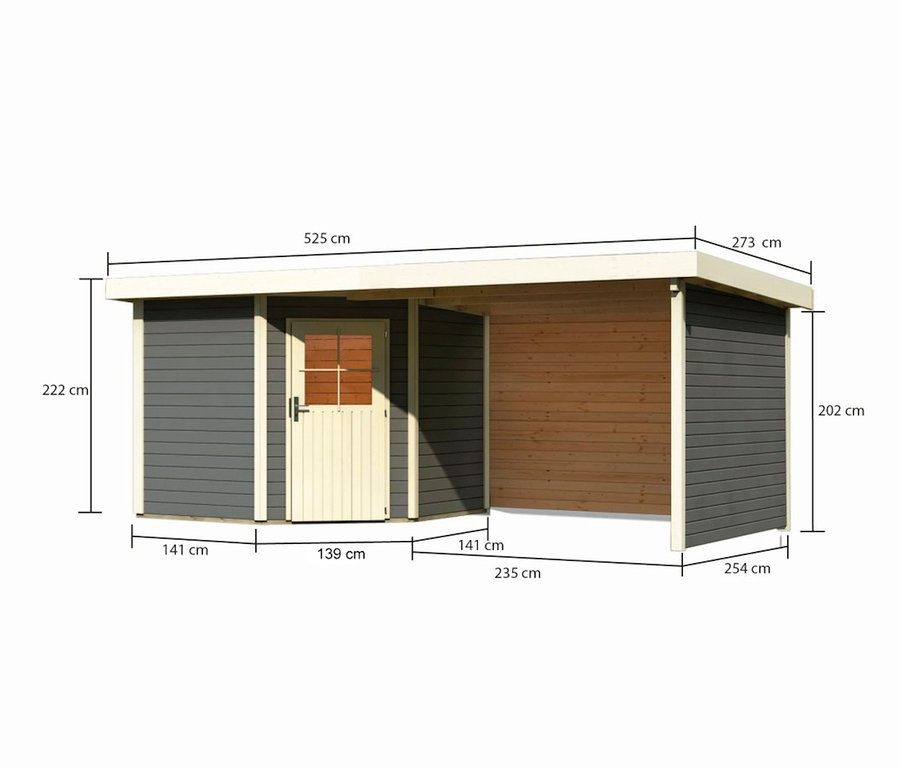 Abmessungen des Karibu Gartenhauses mit 3,20 m Anbaudach, 28 mm (Neeltje).