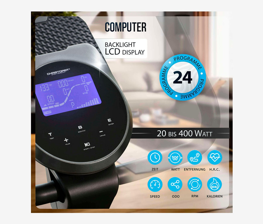 Detailansicht des Displays und der Bedienelemente des Christopeit Sport Crosstrainer-Ergometer »EL 8000«. Angezeigt werden Zeit, Geschwindigkeit und Kalorienverbrauch.