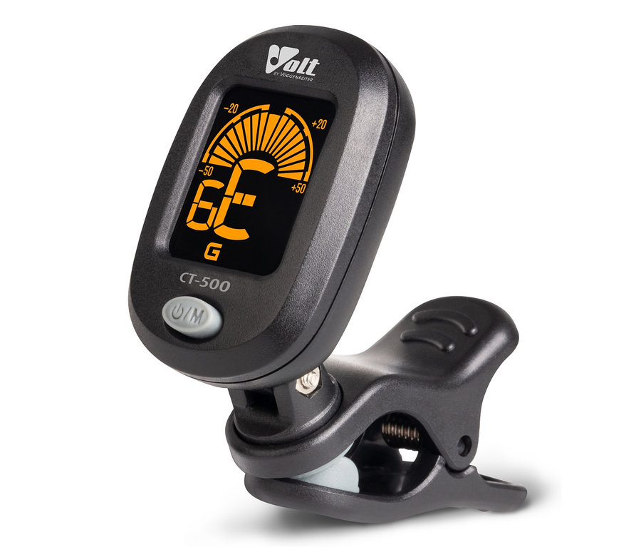 Schwarzes Gitarrenstimmgerät mit einem Display, das den Ton G anzeigt.