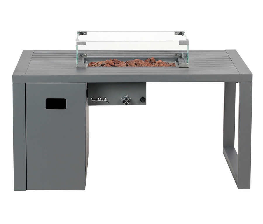 Grauer Buschbeck Loungetisch »Lagos« mit Lavasteinen hinter Glasbarriere.