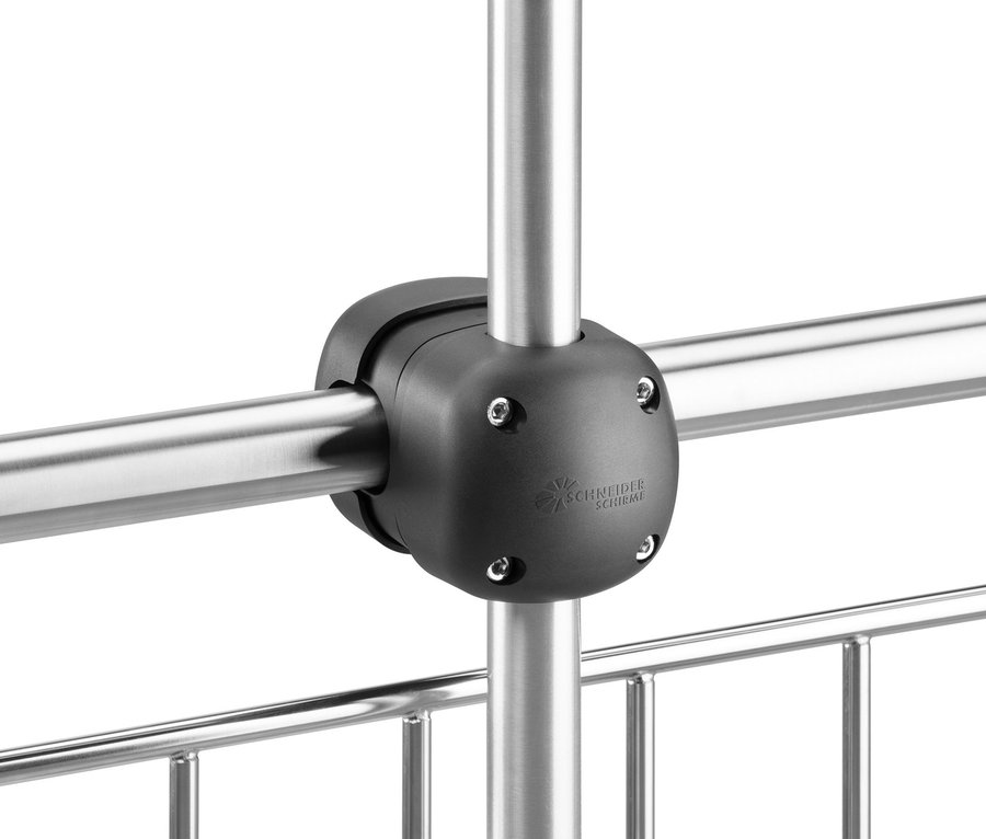 Detailansicht eines Leco Balkon-Sonnenschirmhalters mit Metallstangen.