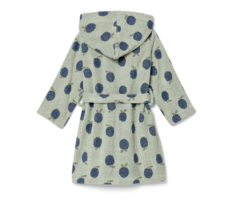 Kinder-Bademantel mit Kapuze und blauem Beerenmuster.