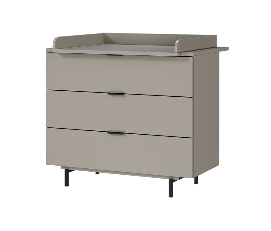 Graue Kommode mit drei Schubladen und schwarzen Griffen, Modell Tomino mit Wickelaufsatz.