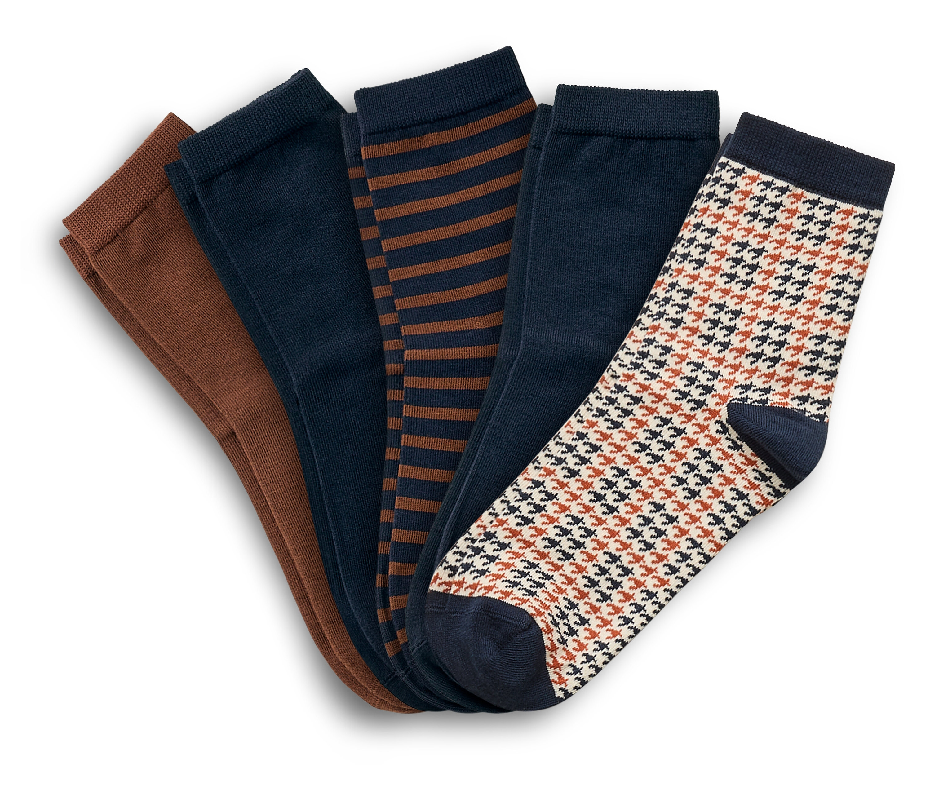 Fünf Paar Socken in verschiedenen Farben und Mustern.