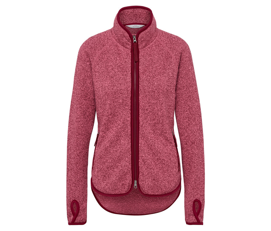 Rosa Fleecejacke mit weinrotem Reißverschluss und Besatz.