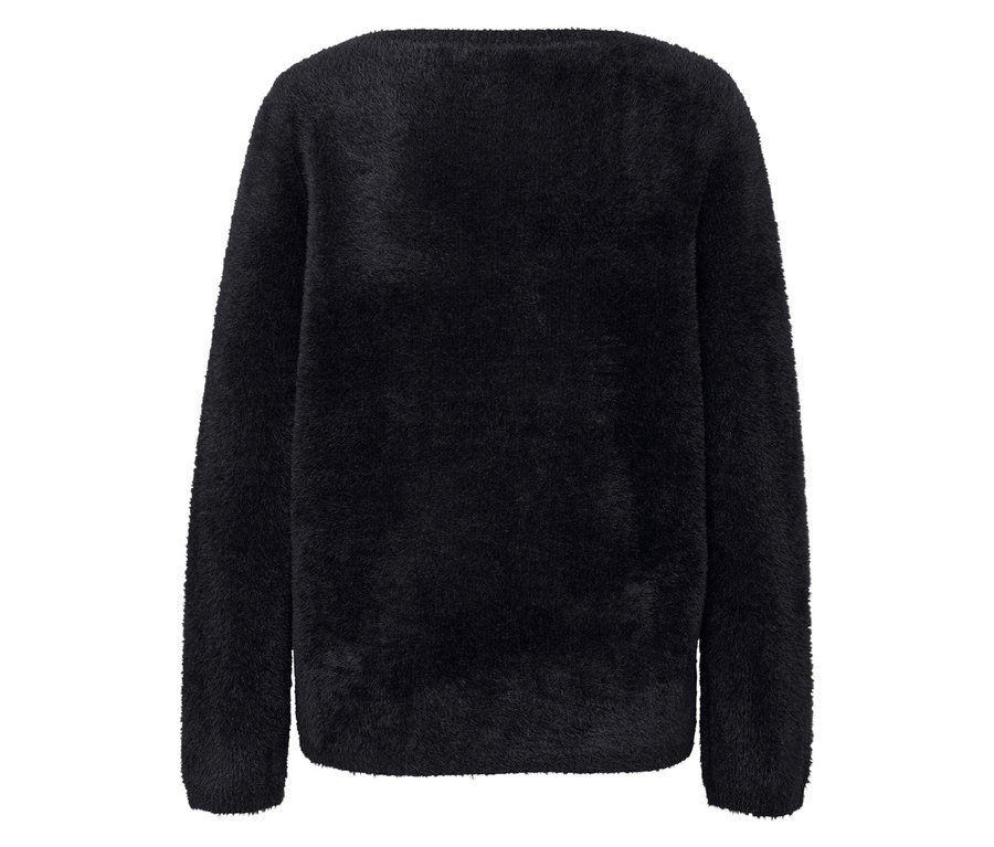 Detailansicht der Rückseite eines schwarzen, langärmeligen Pullovers.