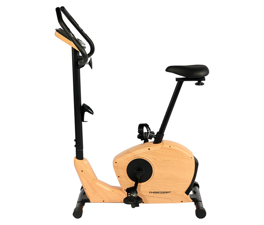 Standfahrrad mit Holzimitat-Rahmen und schwarzen Lenker und Sattel.