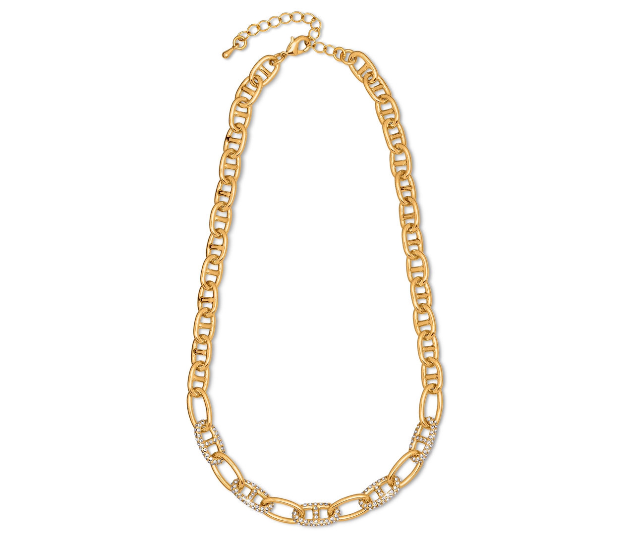 Goldene Halskette mit Kettengliedern und Ziersteinen.