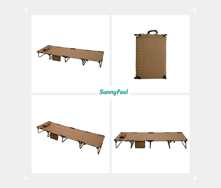 Vier Ansichten einer zusammenklappbaren, braunen Campingliege mit Kissen.