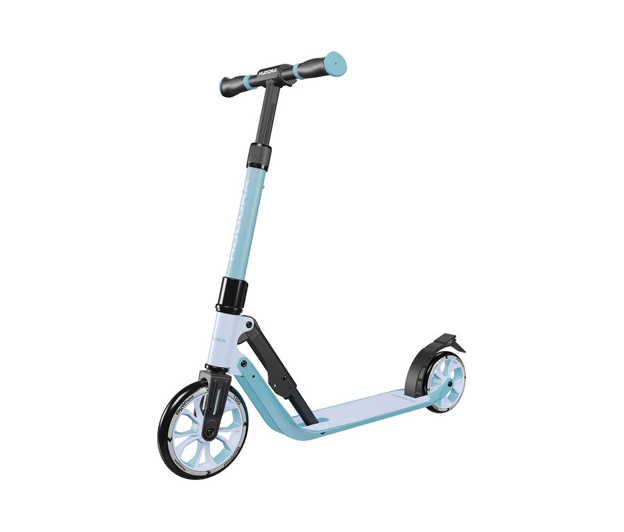 Ein hellblauer HUDORA Scooter BigWheel 180 Advanced Junior vor weißem Hintergrund.