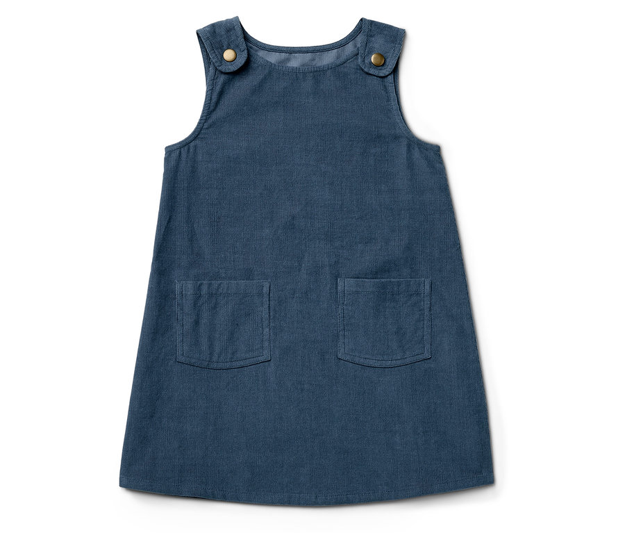 Blaues Cordkleid mit Knöpfen und Taschen.