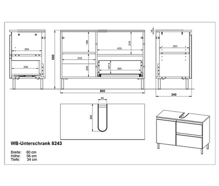 Technische Zeichnung eines Salinas Waschbeckenunterschranks mit Abmessungen.