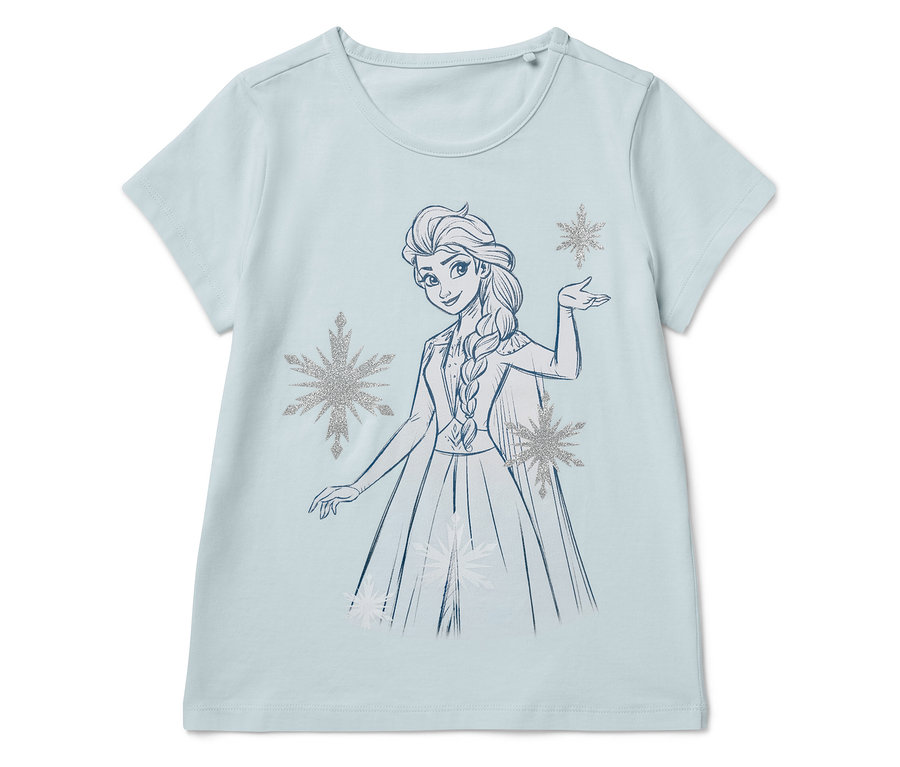 Helles T-Shirt mit einer gezeichneten Elsa und Schneeflocken.