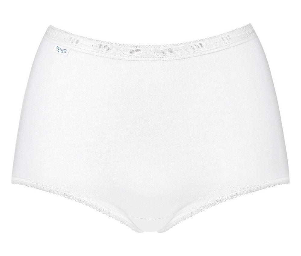 Weiße Baumwollunterhose mit elastischem Bund und Spitzenbesatz.