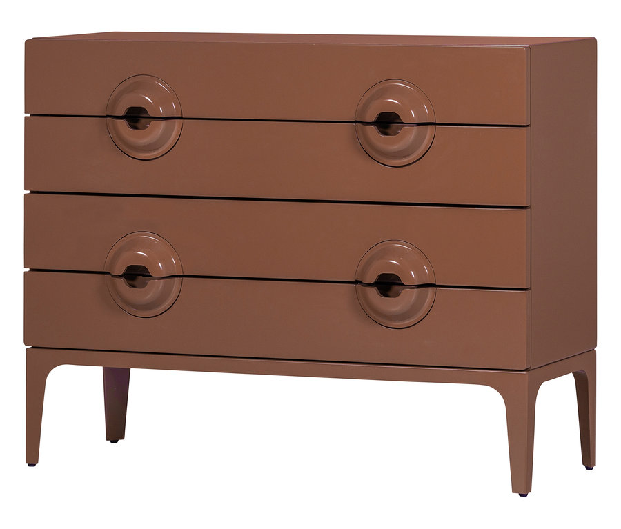 Braune WOOOD »Merge« Kommode mit drei Schubladen und runden Griffen.