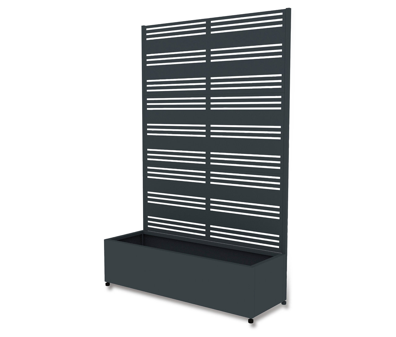 Dunkelgrauer Sichtschutz mit Pflanzkasten, 120 x 184 x 42,5 cm.